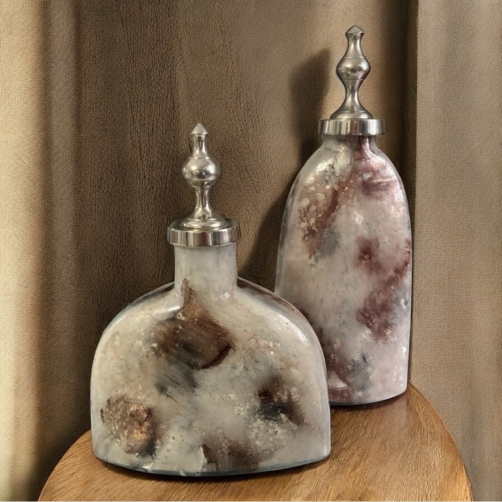 Elegant Mercury Glass Bottles with Silver and Brown Accents